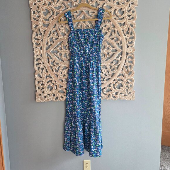 LOFT Dresses & Skirts - LOFT Blue Floral Shirred Flounce Maxi Dress 100% Cotton Sz XXS